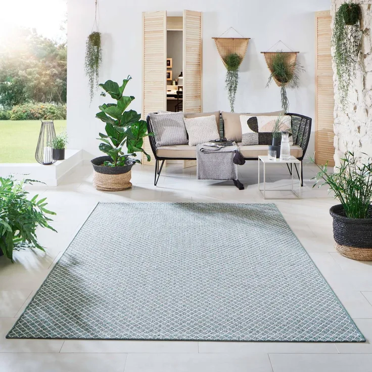 In- und Outdoorteppich Öland - Raute, Farbe: Mint Beige, Größe: 240x330 cm