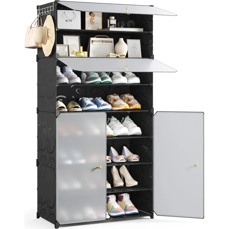Mondeer Schuhregal, Schuhschrank 8 Ebenen mit Türen, Kunststoff Aufbewahrungsschrank mit Verstellbare Ablage, für Flur Schlafzimmer Wohnzimmer Eingang, 30 × 60 × 138 cm (Schwarz)
