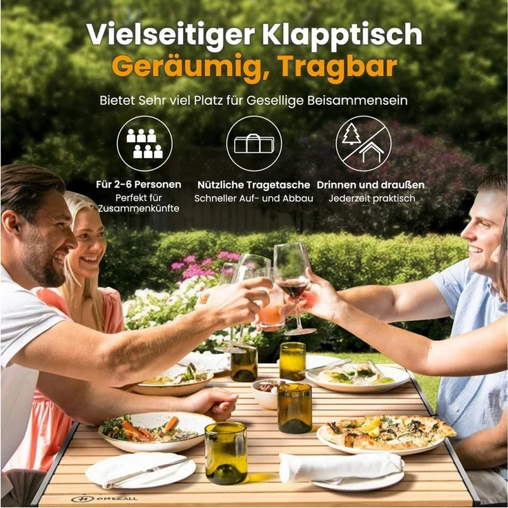 HOMECALL Klapptisch Campingtisch Klappbar Balkontisch Gartentisch Tragbar Outdoor Tisch (Aluminum Roll Up Tabletop, höhenverstellbares Bein, bis 100kg), Robust, stabil, für 4-6 Personen – Bild 2