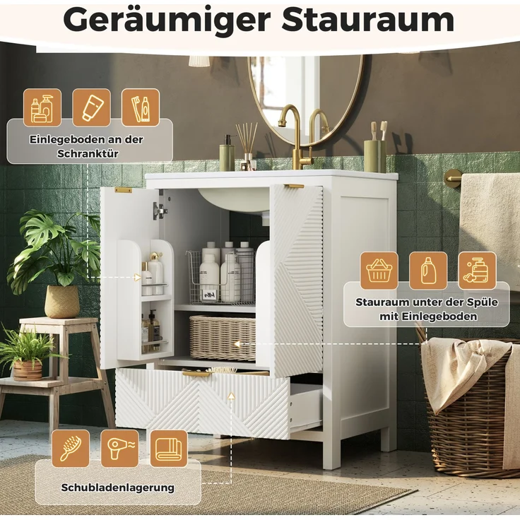 Badezimmerschrank 61 x 47 x 87 cm in Weiß mit Keramikwaschbecken und Soft-Close-Türen – Bild 7