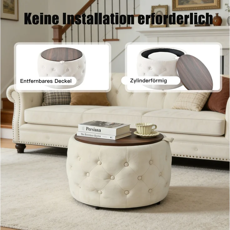 Hocker-Set aus Samt, 2-teilig, mit Stauraum und Holztablett, 60x60x38 cm, Beige – Bild 9