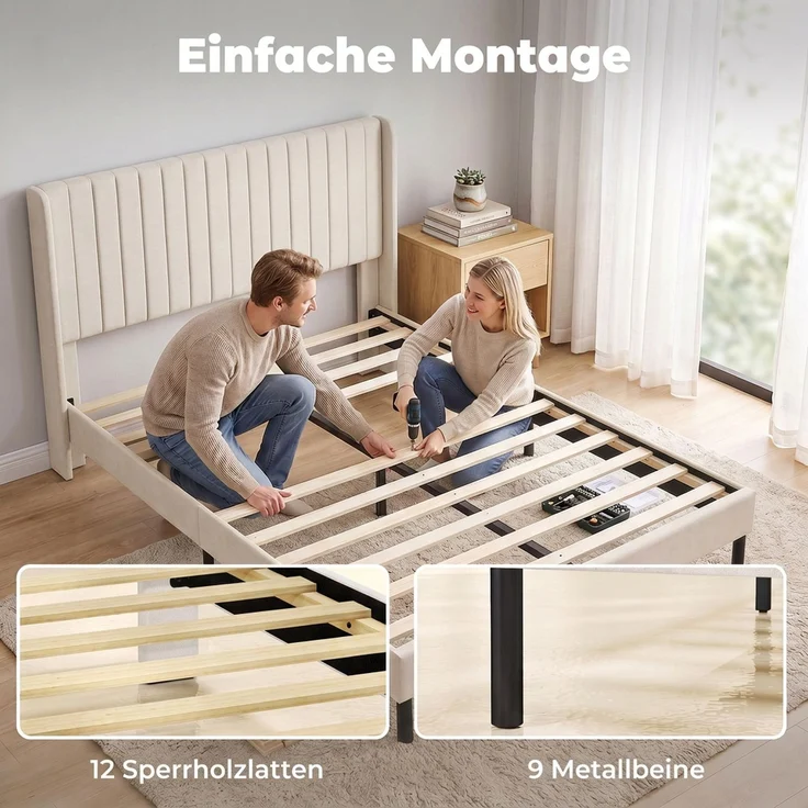 HOMCOM Bettgestell, Holland-Samt, Sperrholz, Beige, 207 x 148 x 112 cm – Bild 6