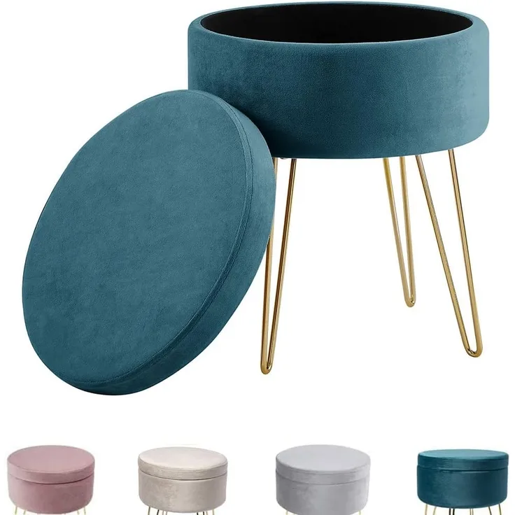 Zedelmaier Runder Sitzhocker Schminktisch Hocker Ottoman Gepolsterter Hocker Abnehmbarer Bezug Metallstütze (Türkis)