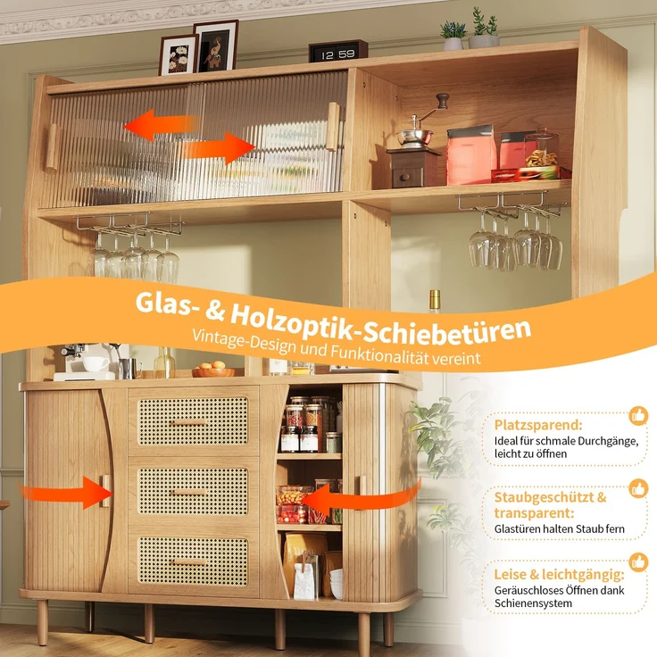 Merax Hochwertiger Buffetschrank mit Rattanoptik & Glasschiebetüren, 174,5cm hoher Küchenschrank mit Stauraum, Naturholz-Optik, belastbar bis 60kg – Bild 7