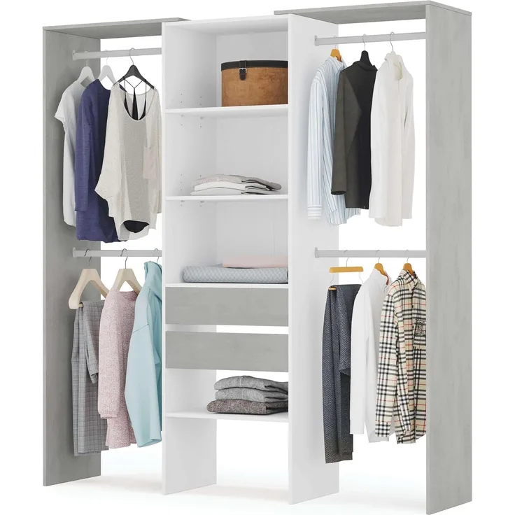 Habitdesign, offener Kleiderschrank mit 2 Schubladen – modernes Garderobensystem mit Kleiderstangen und Einlegeböden, in Artik weiß und Zementgrau, Maße: 179 x 202 x 50 cm (B x H x T), Modell Tidy