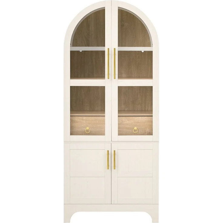 Odikalo Vitrine Hochschrank mit Glastüren verstellbaren Regalböden Schublade (Highboard mit verstellbaren Regalböden und Schublade, Küchenschrank mit Riffelglas und großem Stauraum, Ideal für Esszimmer, Wohnzimmer und Küche Weiß/Schwarz) 76 × 40 × 180 cm – Bild 4