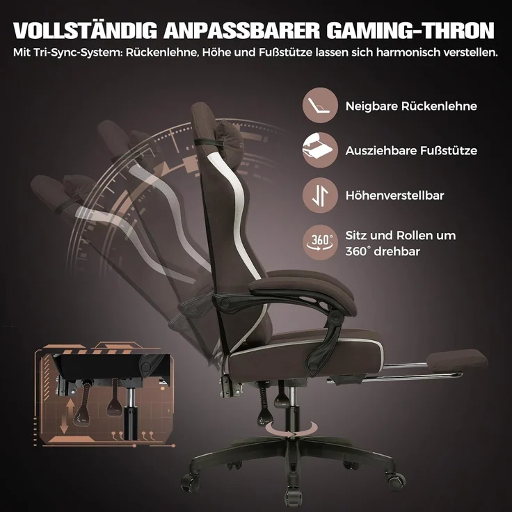 GTPLAYER Gaming Stuhl Ergonomischer, PC Stuhl Atmungsaktiver Stoff, Groß und Hoch Drehbarer Schreibtischstuhl mit Fußstütze,Verstellbare Lendenwirbelstütze und Kopfstütze,Braun – Bild 4