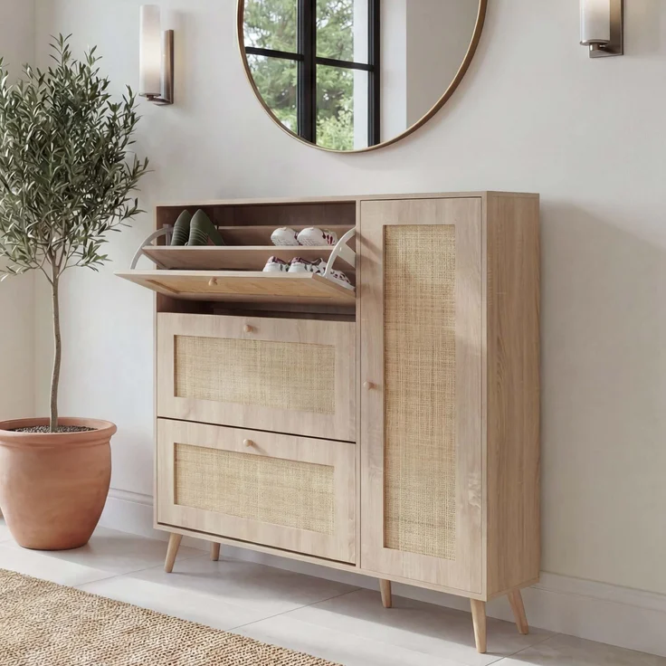 Rattan-Schuhkipper HWC-M37, Schuhregal Schuhschrank, 3 Kippfächer 2 Regalböden 127x120x24cm Holz Melamin ~ Eiche-Optik – Bild 1