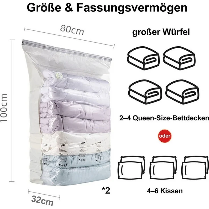 Mutig Aufbewahrungstasche 4 Pack Würfel Vakuumbeutel, (Max: 80 x 100 x 32 cm),Schrankorganisation (für Bettdecken, Decken, Bettwäsche,Platz sparen vakuum kleiderbeutel, 4-tlg, 4 Pack Extra große vakuumbeutel Kompatibel mit Staubsauger), Wiederverwendbar un... – Bild 2
