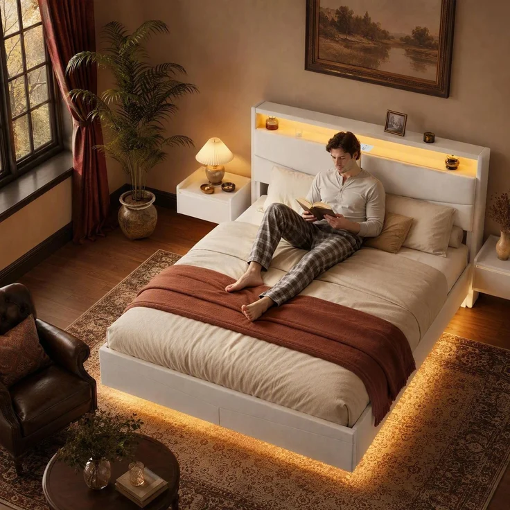 Halupeit Schwebebettgestell aus cremefarbenem Leinen mit integriertem Stauraum am Bett, stimmungsvoller LED-Beleuchtung und integrierter Steckdosenleiste; 210,5 × 146,5 × 110,0 cm – Bild 5