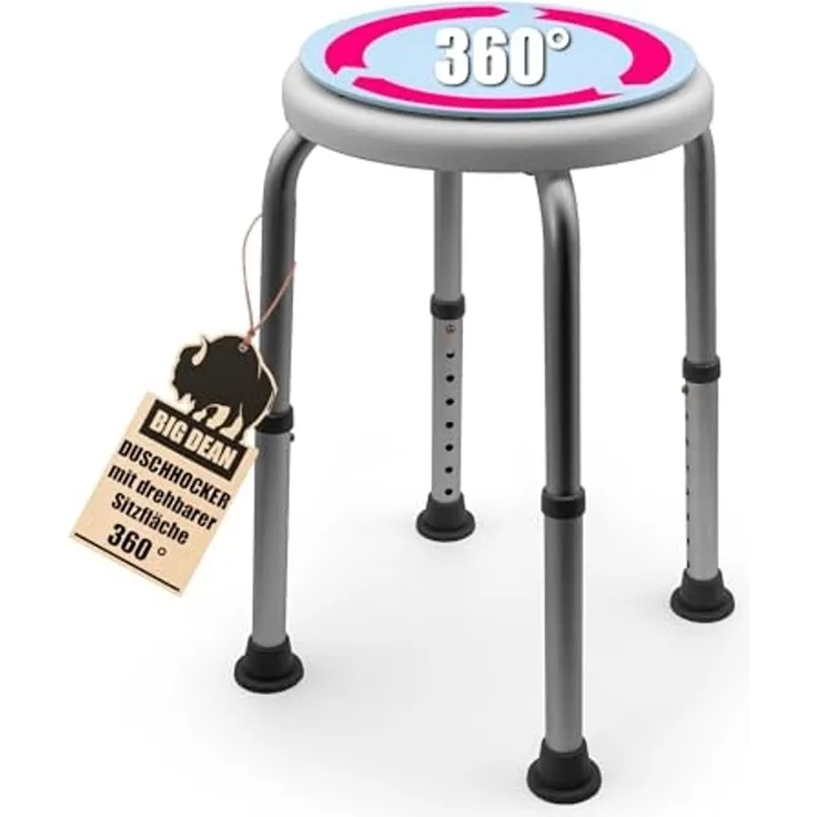 Duschhocker 360° drehbarer belastbarer Duschstuhl bis 136 kg höhenverstellbarer Duschhocker. rutschfest durch Gummifüße