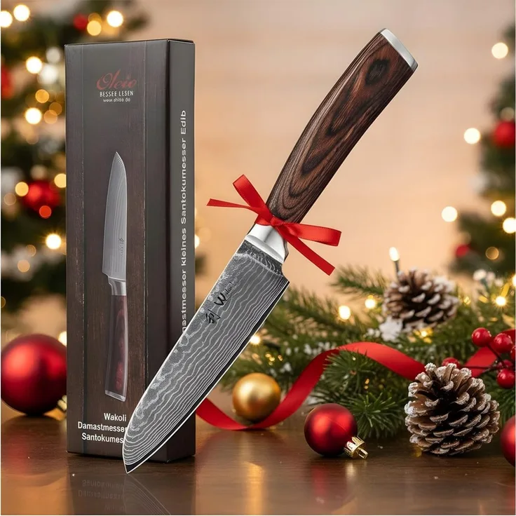 Wakoli Santokumesser EDIB Damast Kleines Santoku I Küchenmesser Kochmesser I12cm Klinge, VG10 Kern, 67 Lagen Damaststahl, Pakkaholzgriff, inkl. Geschenkbox