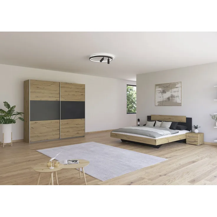 Schlafzimmer Borba in Eiche und Grau mit Schwebetürenschrank 4 teilig – in verschiedenen Bett- und Schrankvarianten wählbar - 4 teilig , Kleiderschrank 218cm Breite + Bett 180x200cm + 2 Nachttisch