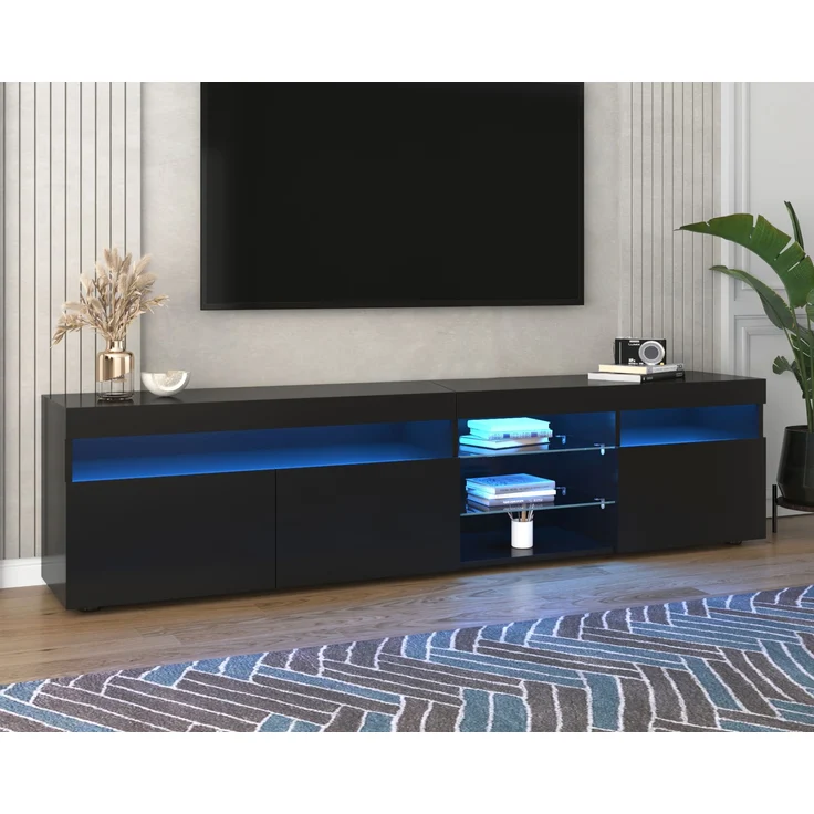 TV-Schrank, MDF mit Hochglanzfront & LED-Beleuchtung, 180x35x48 cm, Schwarz – Bild 4