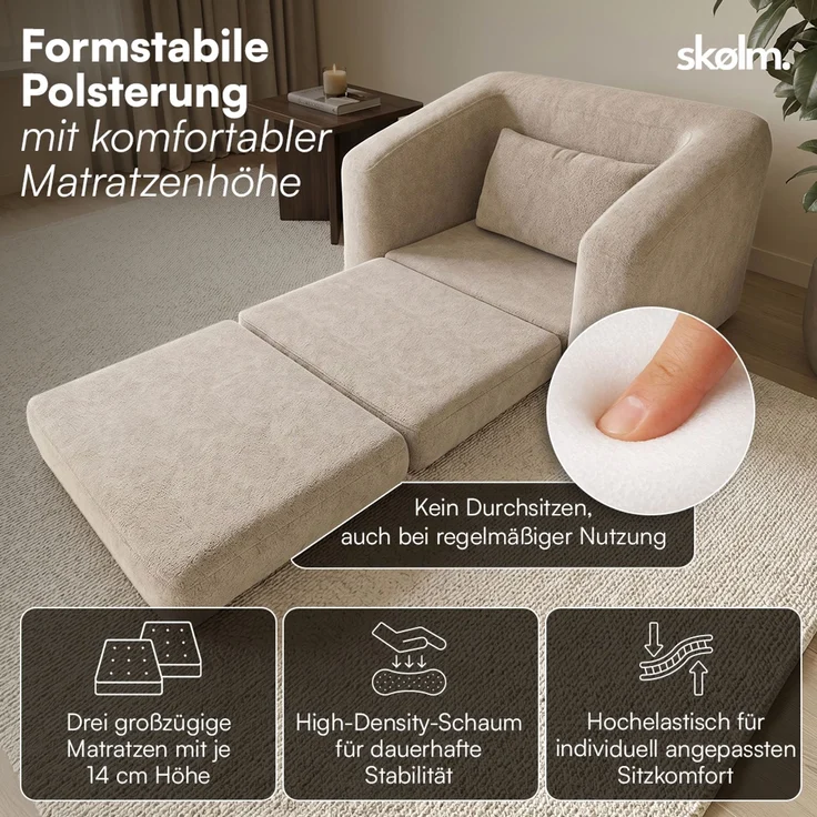 skølm 'Fjäll' Schlafsessel mit 1 Kissen, beige, Teddy-Bouclé Sessel ausklappbar, mit Liegefunktion, vakuumverpackt ohne Aufbau – Bild 2