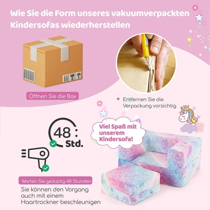 KOMFOTTEU Kindersofa, ausklappbar mit leuchtenden Mustern & abnehmbarem Flanellbezug – Bild 1