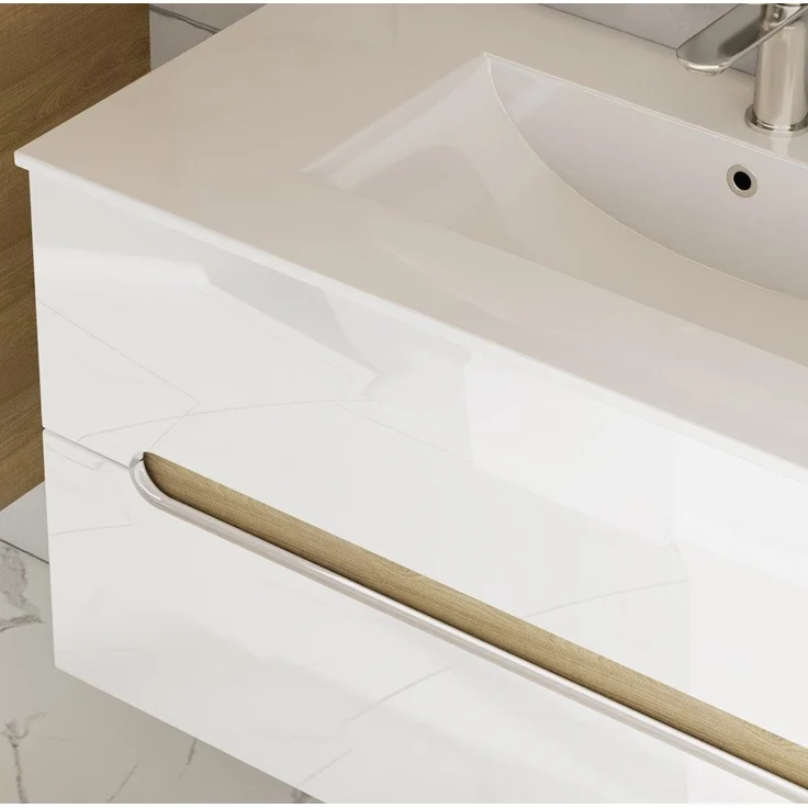 Badezimmermöbel Set 90 cm Weiß Hochglanz, Waschtisch, Spiegel & Unterschrank – Bild 3