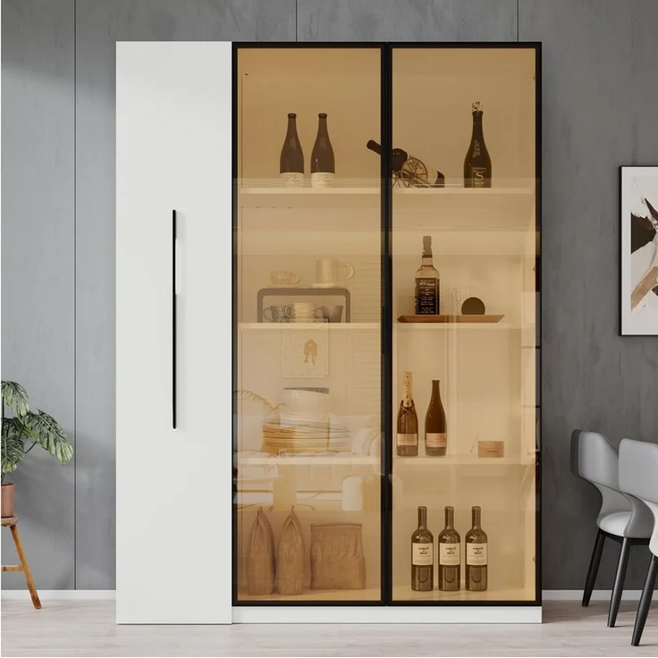 BlingBin Glasvitrine Standvitrine LED Glasvitrine 110x30x160 cm Schwarz aus MDF (1-St, mit Glasfront, ausziehbaren Regalen, Schubladen & Anti-Kipp) für Wohnzimmer/Küche/Büro – Bild 4