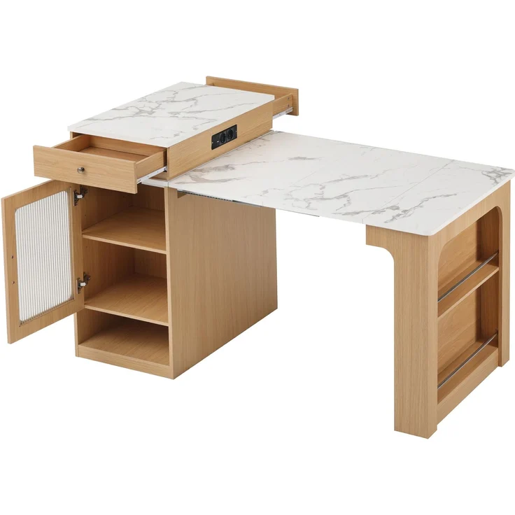 Merax Kücheninsel mit Rollen, Ausziehbarer Esstisch mit abnehmbarer Tischplatte, Bartisch mit Steckdosenleisten, dient als Kücheninsel, Anrichte, Sideboard oder Bartisch für Küche und Esszimmer (Natur) – Bild 9