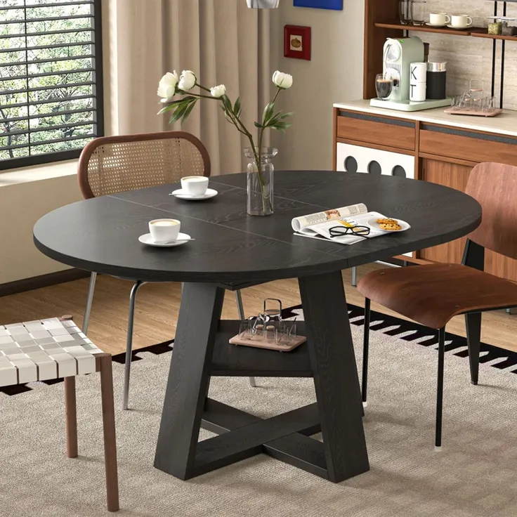 Esstisch ausziehbar, Ø 110 cm, ausgezogen B 150 x T 110 x H 75 cm, MDF in Schwarz mit Ablage