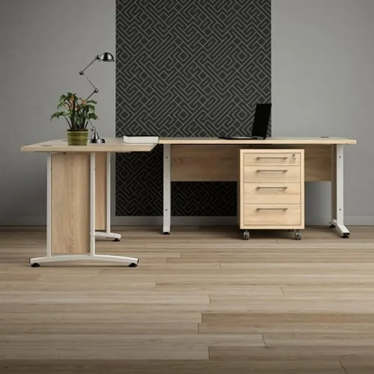 Dmora - Schreibtisch Mirella, Mehrzweckschreibtisch, Bürotisch für PC, Eckschreibtisch, 230x200 h75 cm, Eiche und Weiß