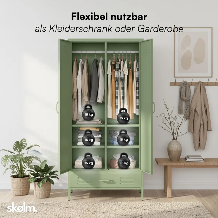 skølm 'Atria' Kleiderschrank mit Schublade, Metall, 170x45x80 cm, grün, Garderobe mit 4 Fächern und 2 Kleiderstangen – Bild 6