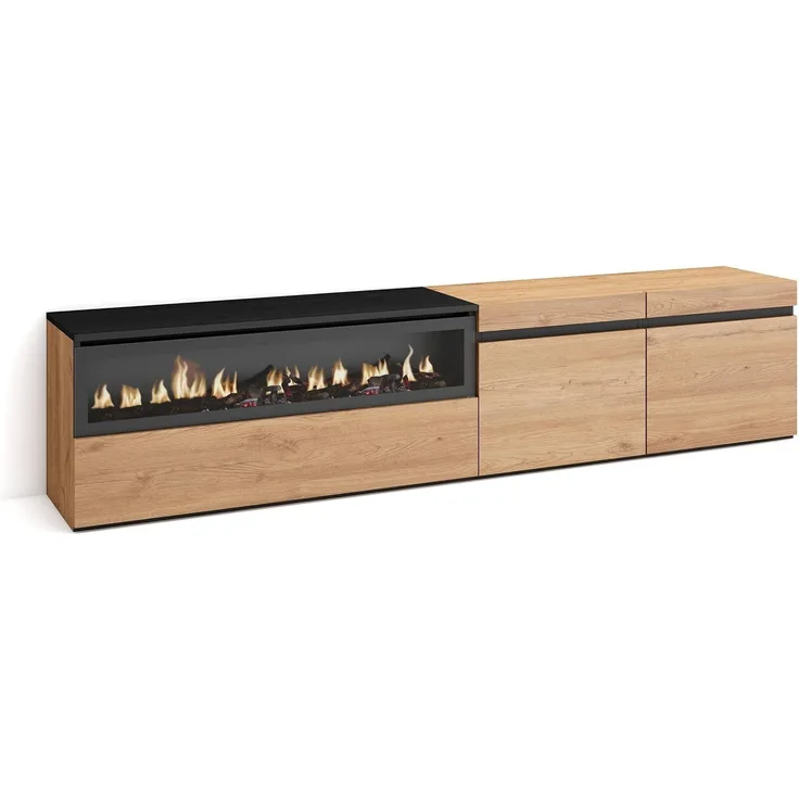 Skraut Home | TV-Schrank, Lowboard | für Wohnzimmer und Esszimmer | 200 x 45 x 35 cm | Für TV-Geräte bis zu 80" | Elektrokamin. Maße | Moderner Stil | Eiche Schwarz