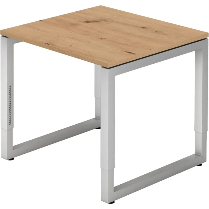bümö höhenverstellbarer Schreibtisch R-Serie 80x80 cm in Asteiche, Gestell in Silber - PC Tisch klein für's Büro manuell höhenverstellbar, Computertisch verstellbar, RS-08-R-S