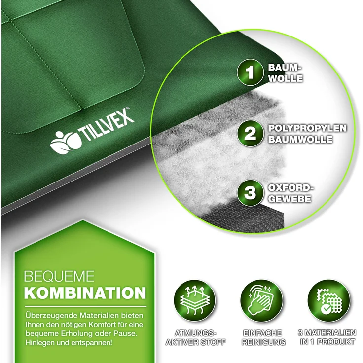 tillvex® Campingbett Grün 210 x 80 x 40 cm klappbar mit Tragetasche bis 280 kg | Campingliege extra breit | Feldbett Karpfenliege für Outdoor & Indoor | Klappbett Gästebett faltbar Garten Camping Angeln Festival Reise – Bild 7