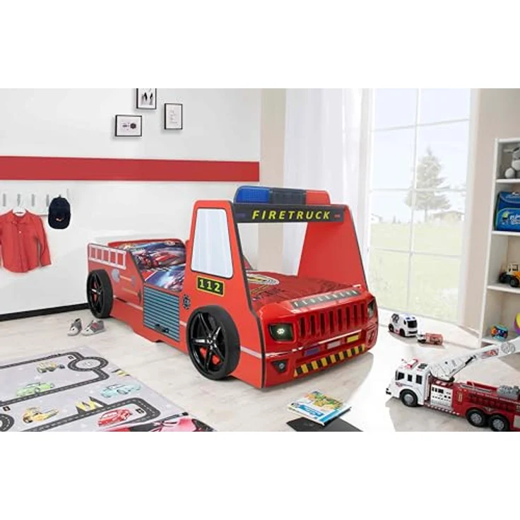 Autobett Kinderbett 90x200 Feuerwehrbett "Rio Firetruck" Hochglanz mit LED Leuchte Rot – Bild 2