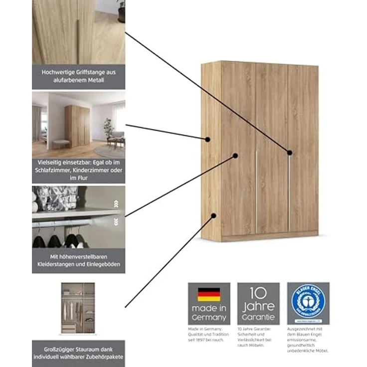 Rauch Möbel Alabama, Kleiderschrank für Schlafzimmer, Kinderzimmer, Wohnzimmer, Garderobe, Flur, 6-türig, Spiegel, mit Zubehör Premium, Farbe Weiß/Eiche Artisan, Holz, Breite 271 cm – Bild 4