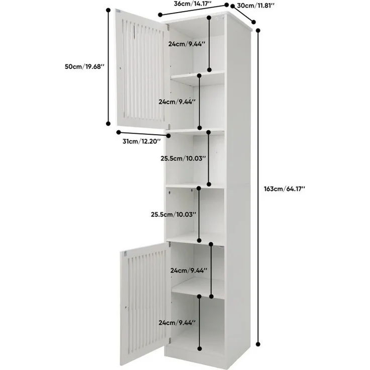 BBWL Hochschrank 36×30×163 cm, mit Lamellentüren, verstellbaren Böden, MDF Badezimmerschrank, hoher Badschrank, platzsparend, Weiß – Bild 4