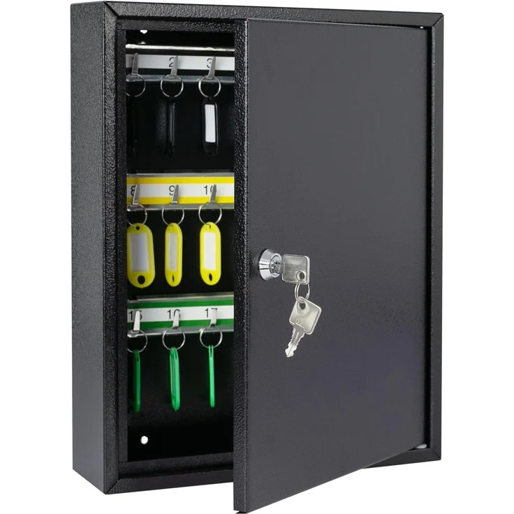 HMF Schlüsselkasten Abschließbarer Schlüsselschrank mit 42 Haken (Inkl. Schlüsselanhänger), verstellbare Hakenleisten, 35 x 27 x 8 cm, schwarz – Bild 1