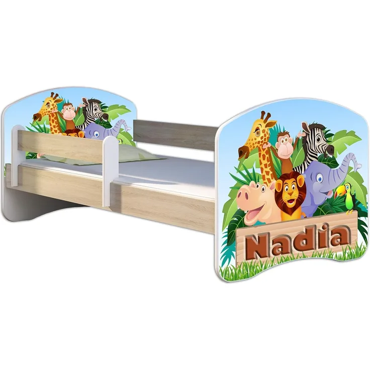 Kinderbett Jugendbett mit einer Schublade und Matratze Sonoma mit Rausfallschutz Lattenrost ACMA II 140x70 160x80 180x80 (02 Animals name, 140x70)