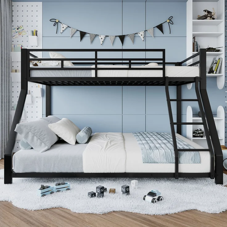Merax Etagenbett Metallbett 90x200cm+140x200cm mit Schrägleiter und Geländer, Schwarz – Bild 3