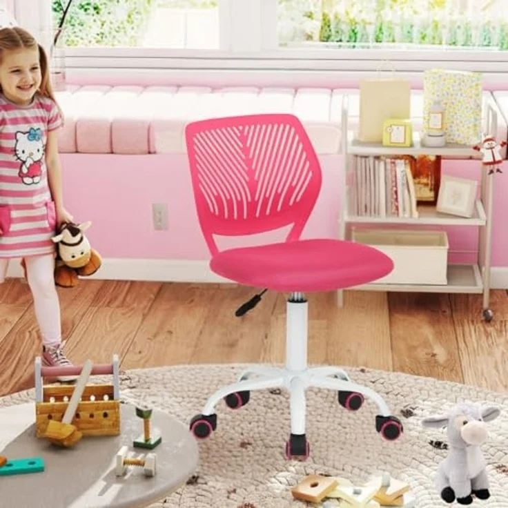 FurnitureR Kinder Schreibtischstuhl, Verstellbarer Höhendrehstuhl mit kleinem Loch Rückenlehne Design, geeignet für Kinderzimmer oder Arbeitszimmer, Rosa – Bild 1