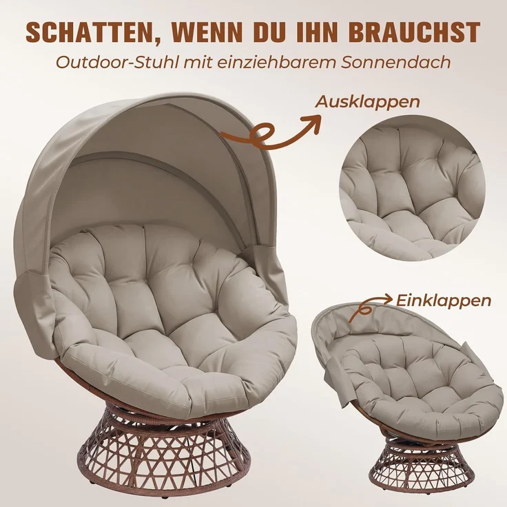 COMHOMA Papasansessel, gemütlicher Drehsessel mit Kissen rund, bequemer Rattansessel, Loungesessel drehbar, runder Relax Korbsessel Rattan für Wohnzimmer, Leseecke, Lounge - braun – Bild 9