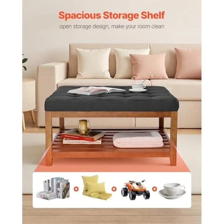 VEVOR quadratischer Couchtisch (875 x 875 x 445 mm) mit Ablagefläche aus Massivholz, massiv gepolsterte Ottomane mit Fußstütze aus Leinen für Schlafzimmer Wohnzimmer, 181,44 kg, Dunkelgrau – Bild 7