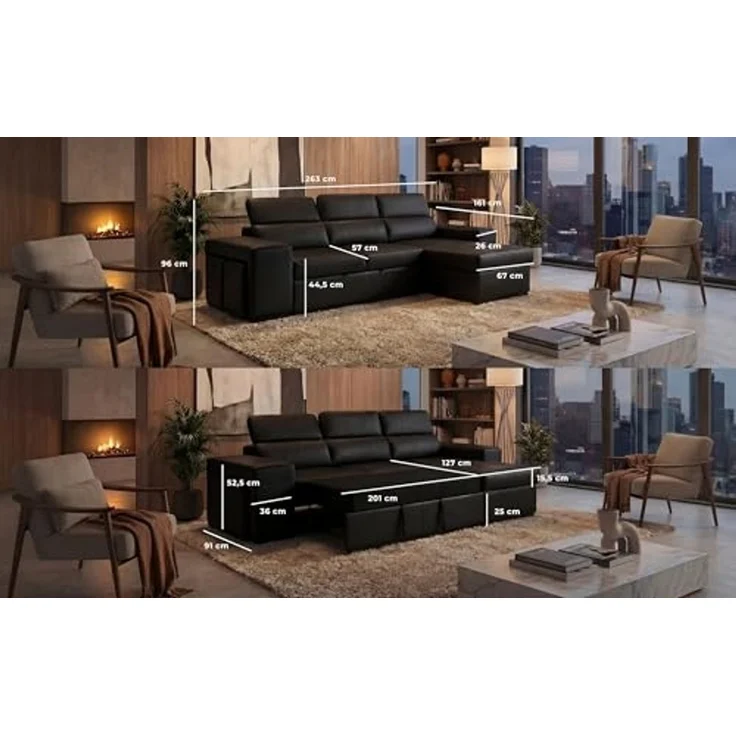 aquinos BUDWING John Eck-Schlafsofa 4-Sitzer – Reversible Chaise Longue, Verstellbare Kopfstützen & 2 Hocker – Polsterung aus Polyester – Modernes Design – 263 x 161 x 96 cm – Schwarz – Bild 4