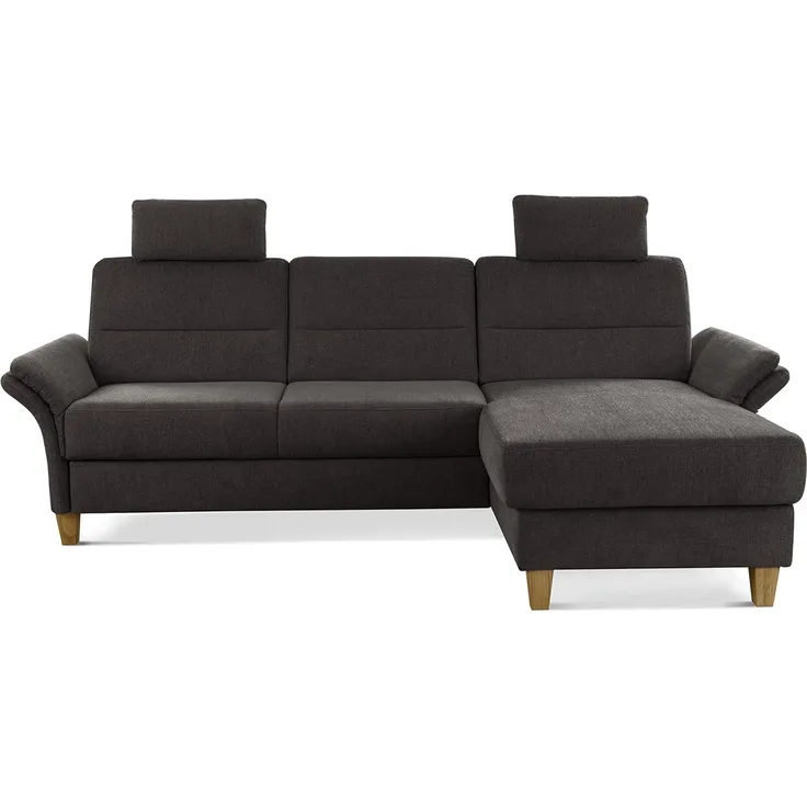 CAVADORE Ecksofa Wyk mit Federkern / Eckcouch im Landhaus-Stil mit Longchair, 2 Kopfstützen + Holzfüßen / 252 x 90 x 162 / Chenille, Braun