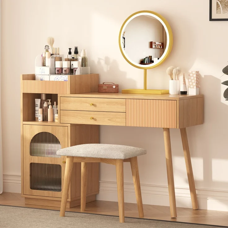 Schminktisch Make-up Tisch Set mit hochauflösendem LED-Spiegel, 3 Schubladen, Seitenschrank mit transparentem Regenbogenglas, Naturfarben – Bild 5