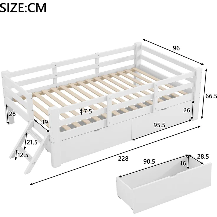 U-life Holz-Plattformbett 90x200 cm mit Schutzgeländer und 2 Schubladen, Weiß – Bild 10