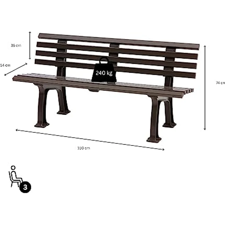 PROREGAL Gartenbank Antigua 3-Sitzer, schokoladenbraun, witterungsbeständig & UV-beständiger Kunststoff, HxBxT 74 x 150 x 54 cm – Bild 3