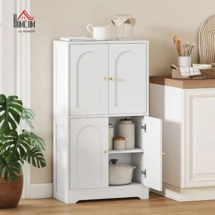 HOMCOM Mehrzweckschrank Küchenbuffet Buffetschrank verstellbare Böden gewölbte Türen (Hochschrank, 1-St, Küchenschrank) für Wohnzimmer, Weiß, 60 x 30 x 110 cm – Bild 2