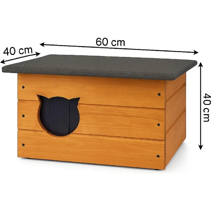QLS Katzenhaus Isoliert aus Holz 60x40x40 cm, Outdoor Draußen Winterfest mit Vorhang, Teak – Bild 8