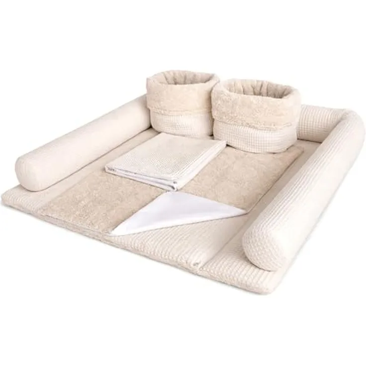 Wickelauflage Set 6-teilig – Wickelunterlage aus Waffelstoff & Frottee mit Druckknöpfen – Baby Wickelauflage – Wickeltischauflage – 75x75 cm (Breite x Tiefe), Hellbeige