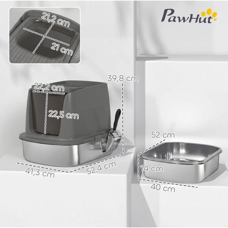 Katzentoilette aus Edelstahl mit abnehmbarem Deckel, Schaufel und Deobeutel, 52,4x41,3x39,8 cm, Dunkelgrau – Bild 2