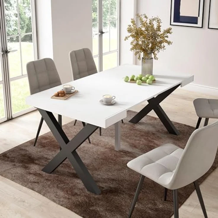 Skraut Home | Ausziehbarertisch | Multifunktionaler ausziehbarer | 160 | Für 8 Gäste | Massivholz Beine | Moderner Stil | Weiß – Bild 2