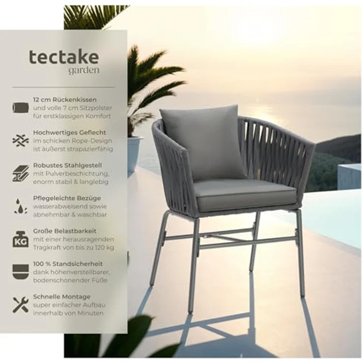 tectake® Gartenstühle Set, Geflecht-Stuhl, Gartenstuhl Rope, Stühle Outdoor, Balkon Sessel, Terrassenmöbel mit Sitzpolster und Kissen für Garten, als Terrassenstuhl, Gartensessel - 2er Set – Bild 5
