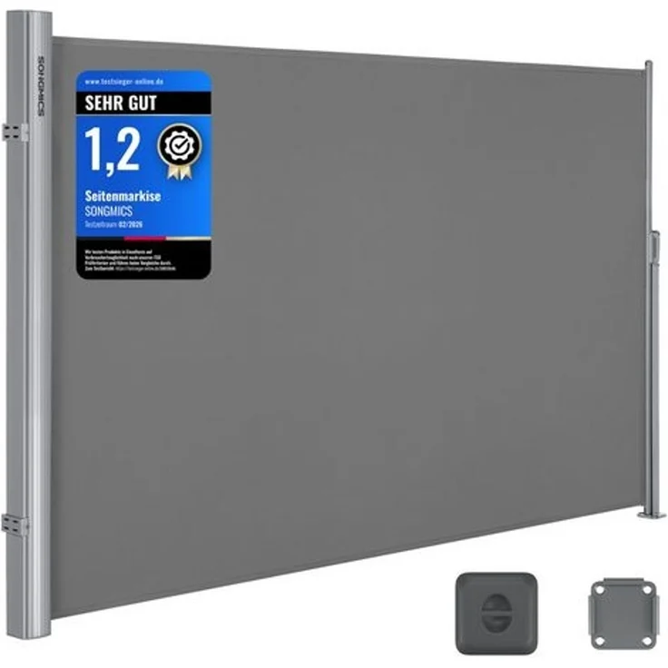 SONGMICS Alu-Seitenmarkise, ausziehbar, blickdicht, Grau, 200x400 cm – Bild 1